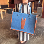 Denim Tote Bag - Large, Brown leather