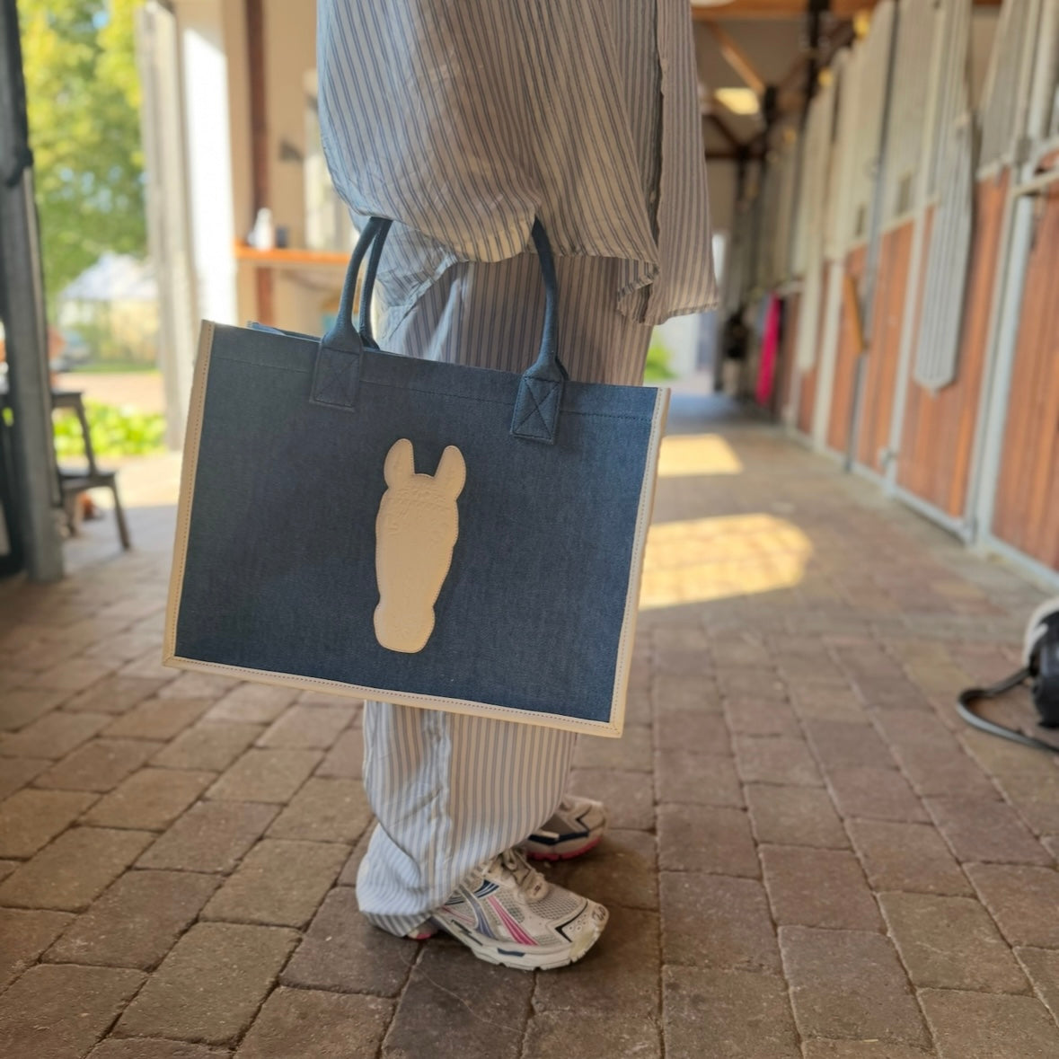 Denim Tote Bag - Large, White leather