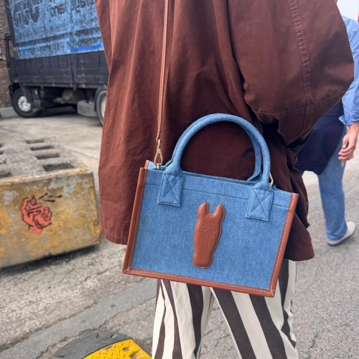 Denim Tote Bag - Small, Brown leather