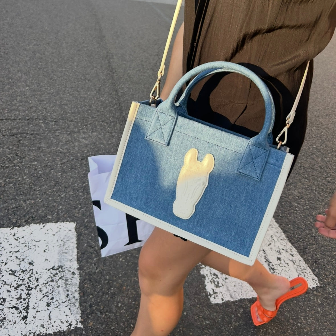 Denim Tote Bag - Small, White leather