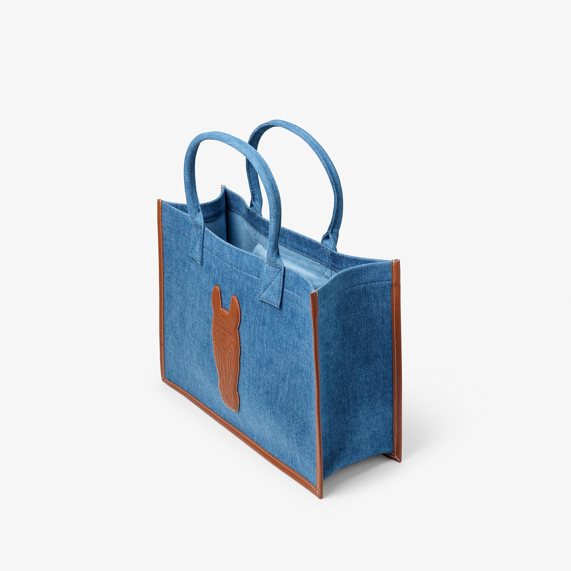 Denim Tote Bag - Large, Brown leather