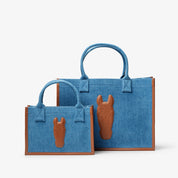 Denim Tote bag bundle - 1 Small & 1 Large, Brown leather