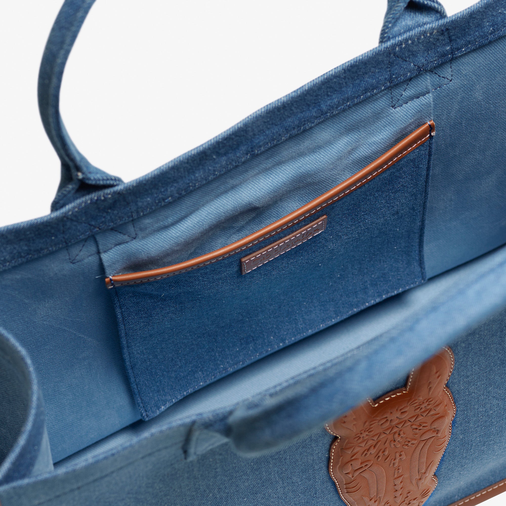 Denim Tote Bag - Large, Brown leather