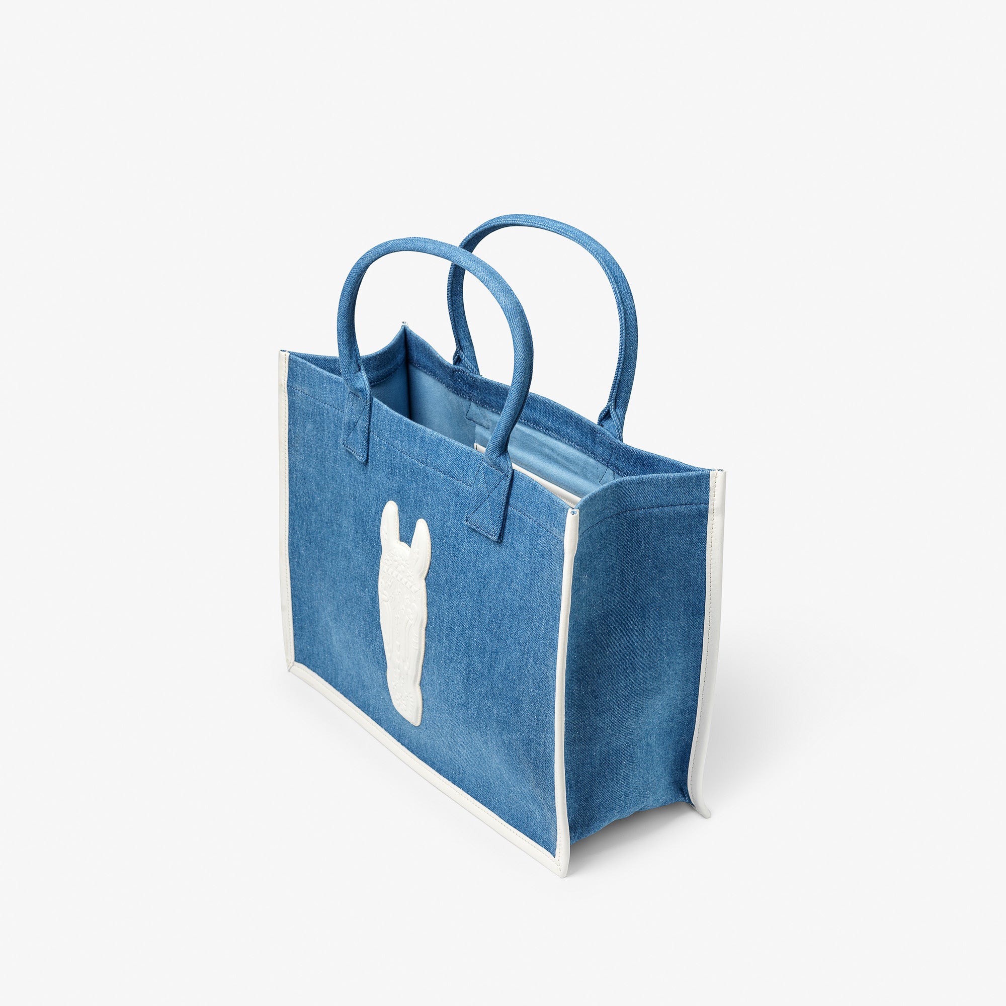 Denim Tote Bag - Large, White leather