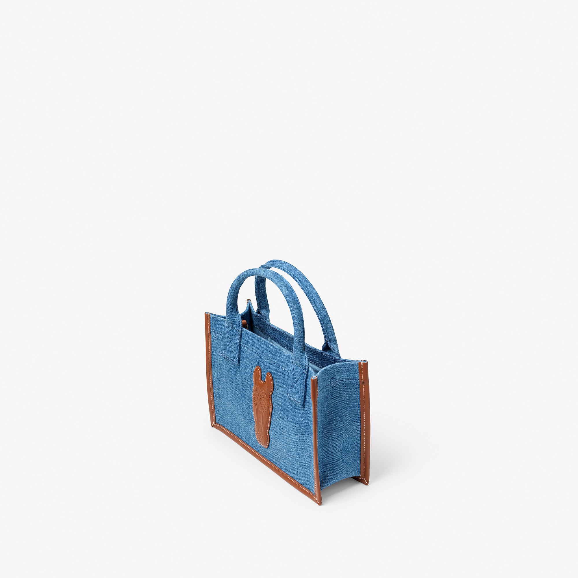 Denim Tote Bag - Small, Brown leather
