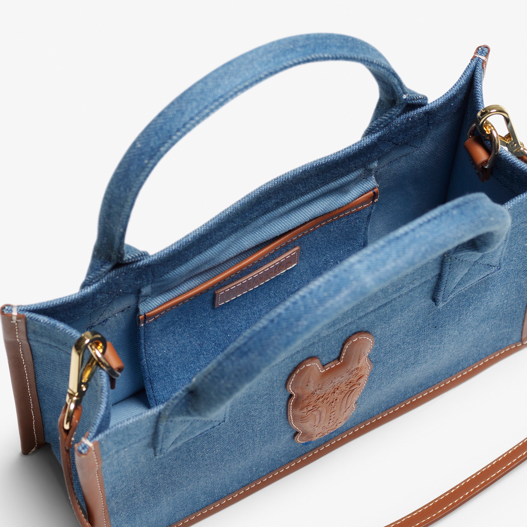 Denim Tote Bag - Small, Brown leather