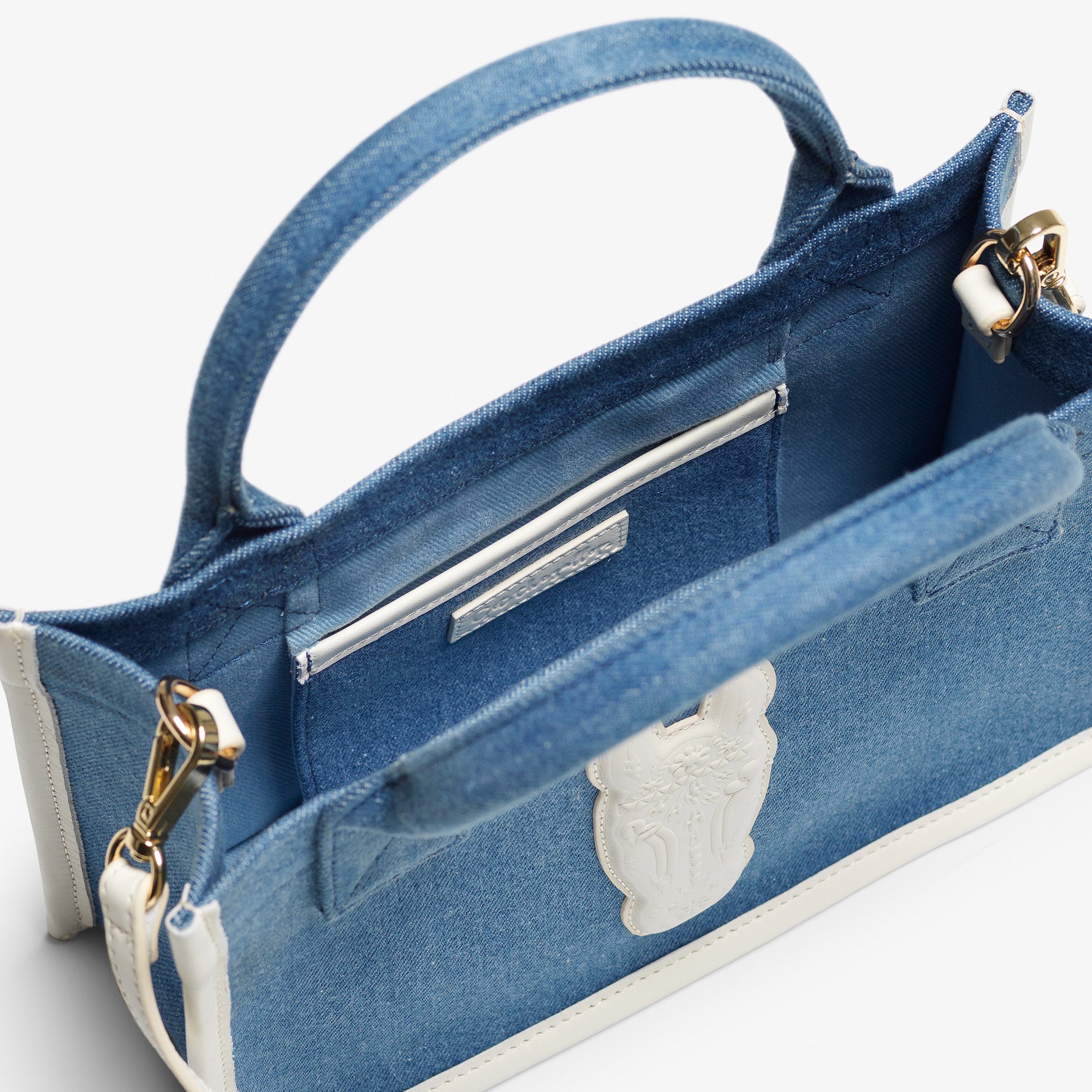 Denim Tote Bag - Small, White leather