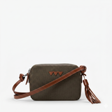 Double Zip väska - Mörkgrön Canvas med brunt läder