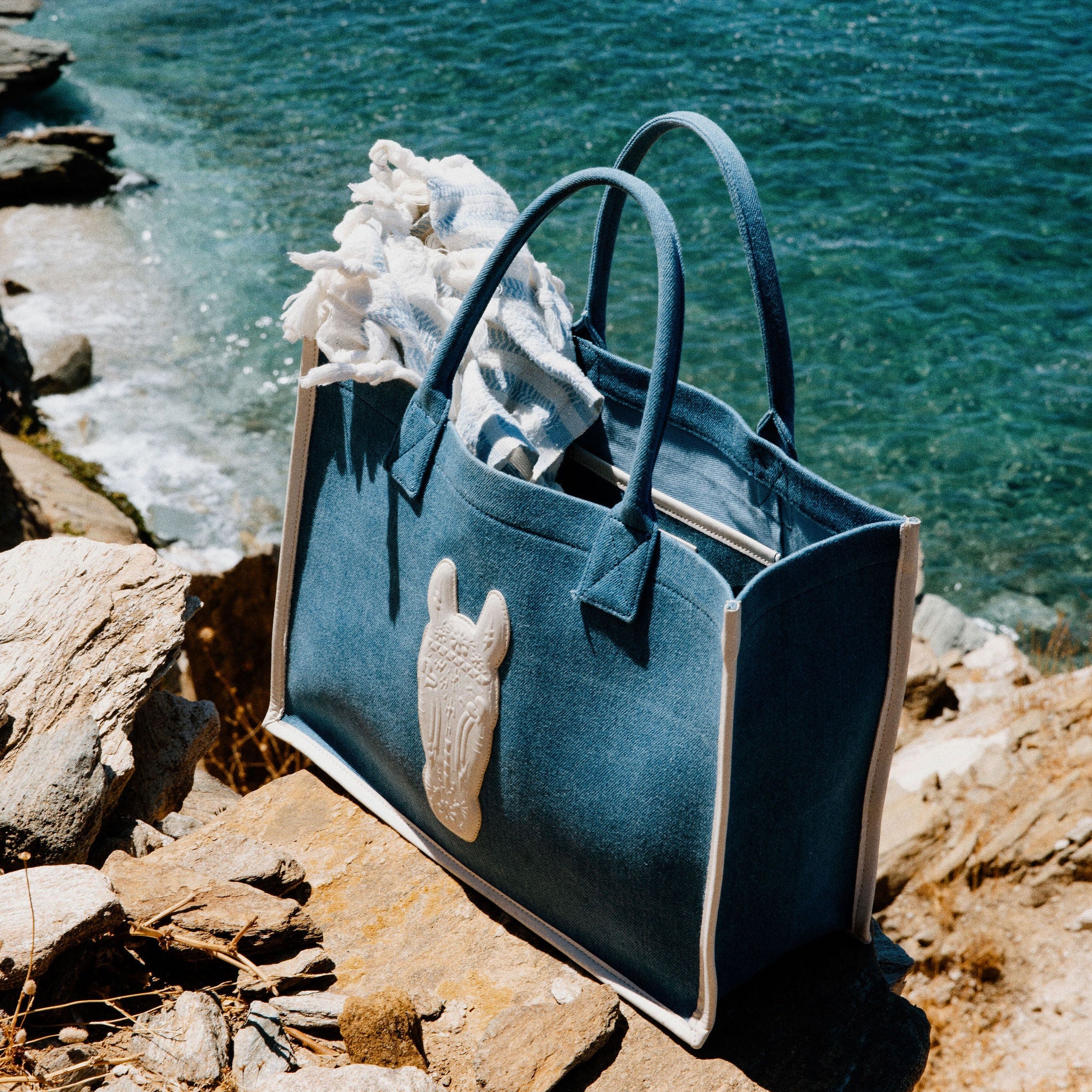 Denim Tote väska - Large, vitt läder